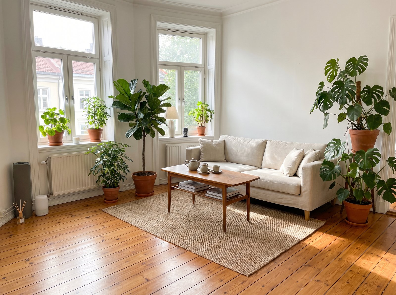 Ein helles, luftiges skandinavisches Wohnzimmer mit vielen Pflanzen