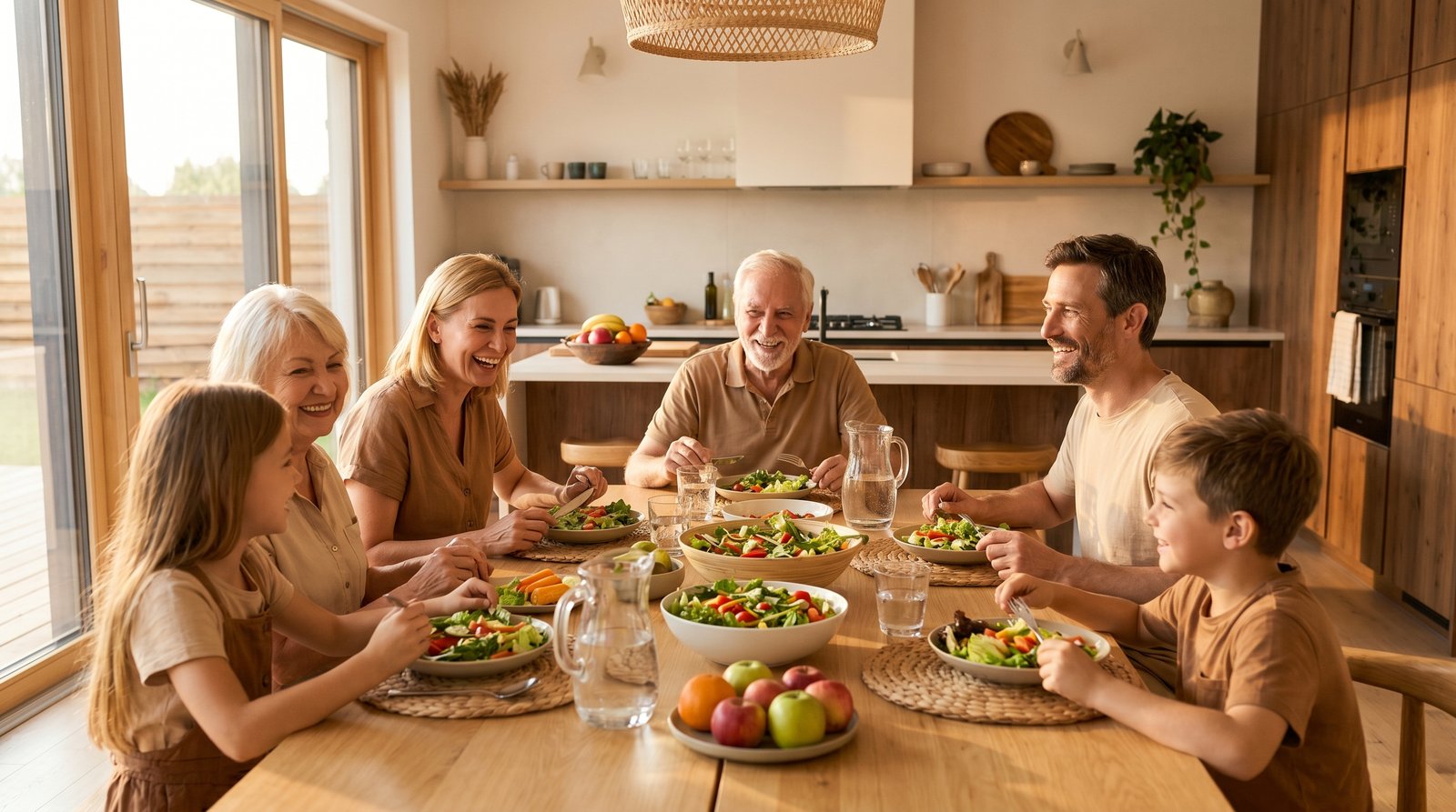 Eine Familie sitzt fröhlich um einen Esstisch in einem warmen Zuhause